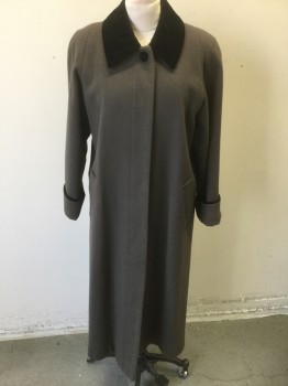 Womens, Coat, FORECASTER, Brown, Black, Wool, Solid, 8, Dusty Brown Wool with Black Velvet Collar Attached, Black Velvet Trim, Single Breasted, 5 Buttons, Raglan Sleeves, Padded Shoulders, Ankle Length,