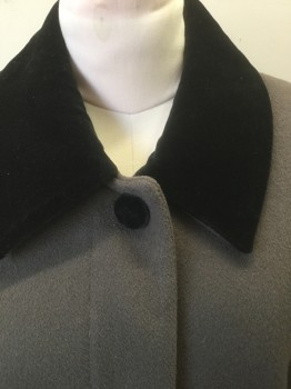 Womens, Coat, FORECASTER, Brown, Black, Wool, Solid, 8, Dusty Brown Wool with Black Velvet Collar Attached, Black Velvet Trim, Single Breasted, 5 Buttons, Raglan Sleeves, Padded Shoulders, Ankle Length,