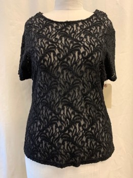 AUGUST MAX, Black, Nylon, Sheer Lace, Round Neck, Short Sleeves, Pullover
