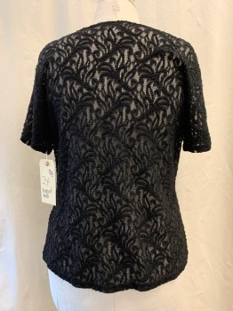 AUGUST MAX, Black, Nylon, Sheer Lace, Round Neck, Short Sleeves, Pullover