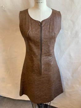 ELLEN DRU, Brown, Vinyl, Solid, (MULTIPLE) Brown Faux Leather Texture, Green with Black Square Box with Dark Orange Circle inside Upper Top Lining, Round Neck,  Black with Exposed Brass Zip Front with a Ring, Sleeveless,