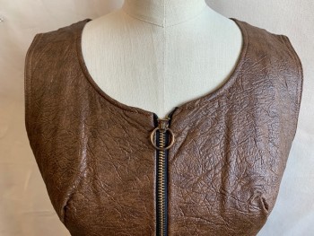 ELLEN DRU, Brown, Vinyl, Solid, (MULTIPLE) Brown Faux Leather Texture, Green with Black Square Box with Dark Orange Circle inside Upper Top Lining, Round Neck,  Black with Exposed Brass Zip Front with a Ring, Sleeveless,