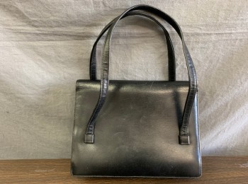 Womens, Purse, SUSAN GAIL, Black, Leather, Solid, 6.5"W, 8.5"L, 3"D, Fold Over Closure with Gold Rectangular Embossed Clasp, 2 Self Handles, Lining is Black Leather,