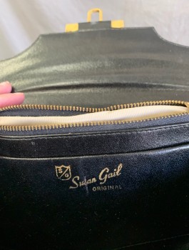 Womens, Purse, SUSAN GAIL, Black, Leather, Solid, 6.5"W, 8.5"L, 3"D, Fold Over Closure with Gold Rectangular Embossed Clasp, 2 Self Handles, Lining is Black Leather,