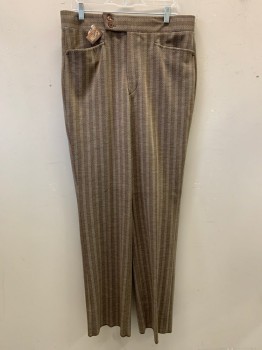 Mens, 1970s Vintage, Suit, Pants, NL, Dk Brown, Beige, Blue, Wool, Stripes - Vertical , Stripes - Pin, OPEN, 36/, Top Pockets, Zip Front, Flat Front, 2 Buttons on Waistband, Multiples,