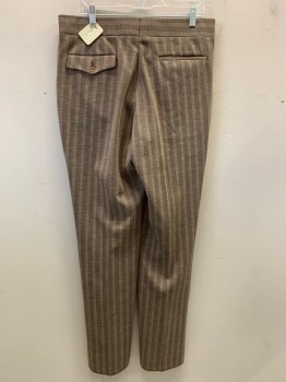 Mens, 1970s Vintage, Suit, Pants, NL, Dk Brown, Beige, Blue, Wool, Stripes - Vertical , Stripes - Pin, OPEN, 36/, Top Pockets, Zip Front, Flat Front, 2 Buttons on Waistband, Multiples,