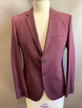 Mens, Sportcoat/Blazer, HUGO BOSS, Red Burgundy, Wool, Spandex, Solid, 42R, Single Breasted, Notched Lapel, 2 Buttons, 3 Pockets, Slim Fit
