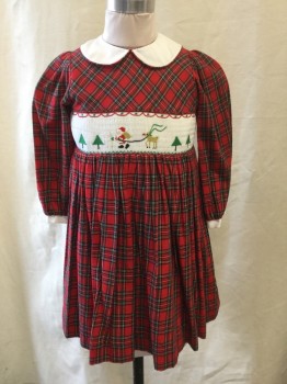 Friedknit Creations, Red, Green, Yellow, White, Cotton, Plaid, Novelty Pattern, Long Sleeve, White Round Collar with Plaid Piping at Edge, White Cuffs, Micropleated and Embroidered Chest Section. 4 Button Up CB,ties at Waist.