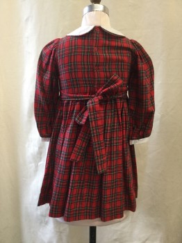 Friedknit Creations, Red, Green, Yellow, White, Cotton, Plaid, Novelty Pattern, Long Sleeve, White Round Collar with Plaid Piping at Edge, White Cuffs, Micropleated and Embroidered Chest Section. 4 Button Up CB,ties at Waist.