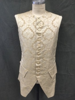 Mens, Historical Fiction Vest, MTO, Cream, Beige, Silk, Floral, 38, Floral Brocade Silk Front, Gold/Mother of Pearl Button Front, 2 Faux Flap Pockets, Solid Beige Raw Silk Back, Tie/Lacing Back Waist