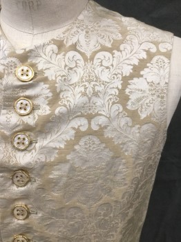 Mens, Historical Fiction Vest, MTO, Cream, Beige, Silk, Floral, 38, Floral Brocade Silk Front, Gold/Mother of Pearl Button Front, 2 Faux Flap Pockets, Solid Beige Raw Silk Back, Tie/Lacing Back Waist