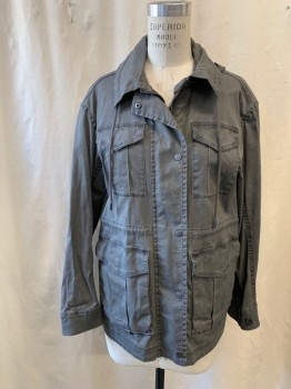 Womens, Casual Jacket, ATM, Gray, Cotton, Spandex, Solid, M, Zip Front with Snap Placket, 4 Flap Pockets, Drawstring Collar Attached, Nylon Hood Attached Inside Collar Zip, Drawstring Waistband, Button Cuff, Storm Flap, Drawstring Hem