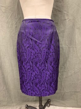 LE SUIT, Purple, Black, Polyester, Paisley/Swirls, Pencil Skirt, Zip Back, 1/4" Waistband *White Spot Front Below Waistband*
