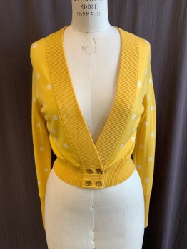 JUICY , Yellow, White, Wool, Polka Dots, Ribbed Knit Lapel, Gold Buttons, Ribbed Knit Waist/Cuff
