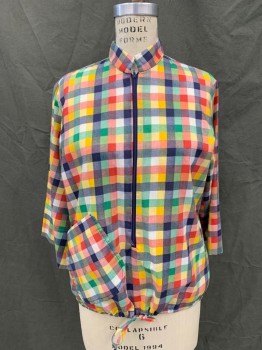 Womens, Jacket, TEDDI OF CA, Red, Green, Navy Blue, Yellow, White, Poly/Cotton, Plaid, B 34, 3/4 Zip Front, Band Collar, 3/4 Sleeve, 1 Angled Pocket, Drawstring Waist,
