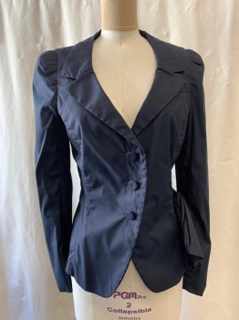 Womens, Blazer, PRADA, Black, Polyester, Cotton, Solid, Sz.8, B: 36, Long Puffy Sleeves, Notched Lapel, Single Breasted, 3 Buttons, Belted Back with Pleats, Bow on Left Side