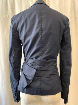 Womens, Blazer, PRADA, Black, Polyester, Cotton, Solid, Sz.8, B: 36, Long Puffy Sleeves, Notched Lapel, Single Breasted, 3 Buttons, Belted Back with Pleats, Bow on Left Side