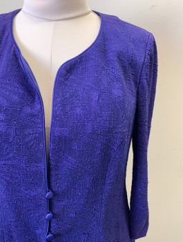 Womens, 1990s Vintage, Piece 2, ALEX EVENING, Violet Purple, Metallic, Acetate, Polyester, Abstract , Sz.10, Jacket - Stretchy Textured Material with Glitter Specks, Long Sleeves, Round Neck,  3 Tiny Satin Covered Buttons, Padded Shoulders,