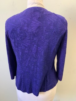 Womens, 1990s Vintage, Piece 2, ALEX EVENING, Violet Purple, Metallic, Acetate, Polyester, Abstract , Sz.10, Jacket - Stretchy Textured Material with Glitter Specks, Long Sleeves, Round Neck,  3 Tiny Satin Covered Buttons, Padded Shoulders,