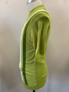 FULL FASHIONED, Lime Green, Avocado Green, Olive Green, White, Acrylic, Stripes - Vertical , Pull Over, Polo Neck, Short Sleeves, 3 Buttons,  Rib Knit Collar Cuff Waistband, Faint Coffee Stain Right Shoulder,