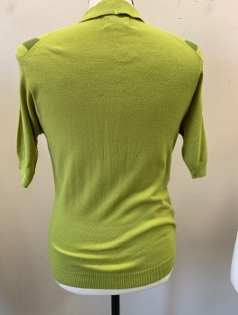 FULL FASHIONED, Lime Green, Avocado Green, Olive Green, White, Acrylic, Stripes - Vertical , Pull Over, Polo Neck, Short Sleeves, 3 Buttons,  Rib Knit Collar Cuff Waistband, Faint Coffee Stain Right Shoulder,