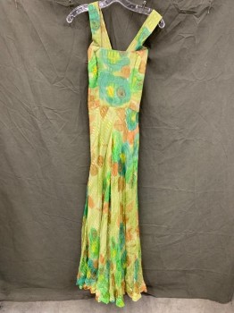 Womens, 1970s Vintage, Piece 2, MTO SCHNEEMAN STUDIO, Chartreuse Green, Brown, Green, Silk, Abstract , W 24, B 30, Jumpsuit, Wide Straps That Cross in Back, Zip Back, Wide Diaphanous Sheer Chiffon Legs,