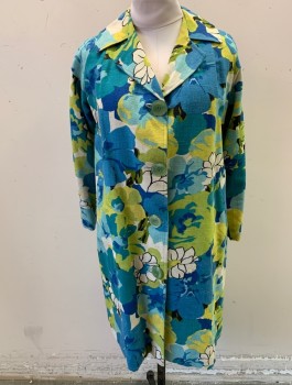 Womens, Coat, N/L, Blue, Chartreuse Green, Turquoise Blue, White, Cotton, Floral, B:38, 4 Large Green Plastic Buttons, Notched Collar, Raglan Sleeves, 2 Welt Pockets, Dark Turquoise Satin Lining, **Has a Couple Small Stains in Back