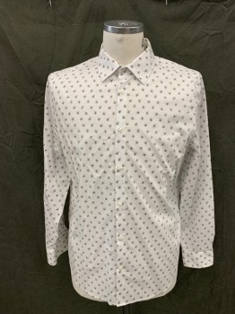PERRY ELLIS, White, Brown, Black, Cotton, Elastane, Abstract , White with Abstract Black Bursts with Brown Dots, Button Front, Collar Attached, Long Sleeves, Button Cuff