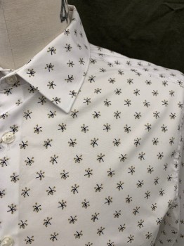 PERRY ELLIS, White, Brown, Black, Cotton, Elastane, Abstract , White with Abstract Black Bursts with Brown Dots, Button Front, Collar Attached, Long Sleeves, Button Cuff