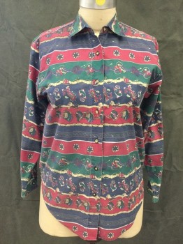 Womens, Shirt, RED ROVER, Navy Blue, Green, Red, Tan Brown, White, Cotton, Stripes, Paisley/Swirls, M, Button Front, Collar Attached, Long Sleeves, Button Cuff
