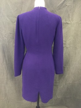Womens, Dress, Long & 3/4 Sleeve, JONES NY, Purple, Polyester, Solid, 8, Crepe, Princess Seams, Satin Trim and Belt Attached at Side, Long Sleeves, Snap at Bust, Knee Length, Hidden Zip Center Back **Hem Coming Undone**