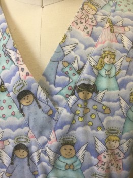 CHEROKEE, Multi-color, Periwinkle Blue, White, Lt Pink, Lt Blue, Poly/Cotton, Novelty Pattern, Human Figure, Pastel Praying Angels Pattern, Short Sleeves, V-neck, 2 Patch Pockets at Hips, Elastic Waist in Back