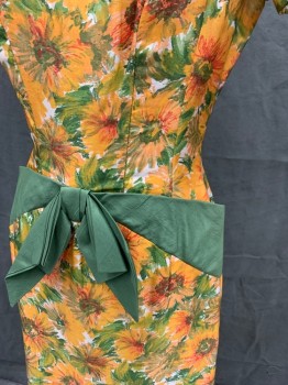 N/L, Orange, Green, Red, White, Silk, Floral, Scoop Neck, Raglan Cap Sleeve, Curved Attached Front Waistband and Bow, Zip Back, Hem Below Knee, Shoulders Mended See Detail Photo,