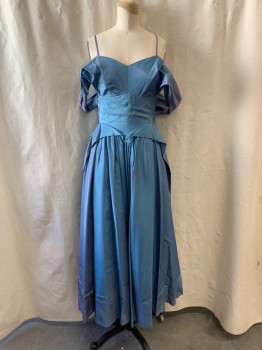 Womens, Cocktail Dress, FOX561, Blue, Synthetic, W:24, B:34, A-Line, Sweetheart Neckline, Spaghetti Straps & Pleated Off the Shoulder Straps, Zip Side, Pleated Skirt, Ankle Length