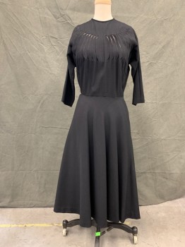 CLAIRE MCCARDELL, Black, Wool, Solid, Rounded Slashes Across Top with Mesh Lining, Dolman 3/4 Sleeve, Side Zip, Keyhole Back Neck with Hook & Eye, A-line Skirt, 2 Pockets, Hem Below Knee, Light Shoulder Burn, Late 1940's -1950's
