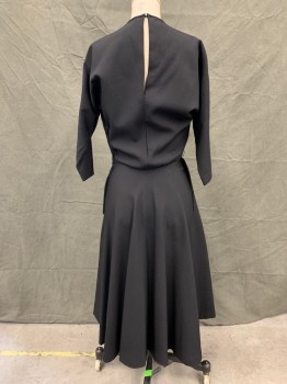 CLAIRE MCCARDELL, Black, Wool, Solid, Rounded Slashes Across Top with Mesh Lining, Dolman 3/4 Sleeve, Side Zip, Keyhole Back Neck with Hook & Eye, A-line Skirt, 2 Pockets, Hem Below Knee, Light Shoulder Burn, Late 1940's -1950's