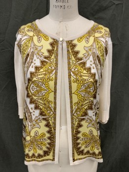 TALBOTS, Cream, Brown, Yellow, Dk Brown, Silk, Cotton, Paisley/Swirls, Silk Paisley Front, Solid Cream Short Sleeves/Back, 1 Button at Top Center Front, Ribbed Knit Neck/Cuff/Trim