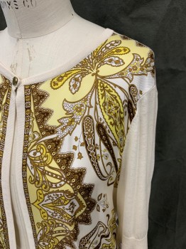 TALBOTS, Cream, Brown, Yellow, Dk Brown, Silk, Cotton, Paisley/Swirls, Silk Paisley Front, Solid Cream Short Sleeves/Back, 1 Button at Top Center Front, Ribbed Knit Neck/Cuff/Trim