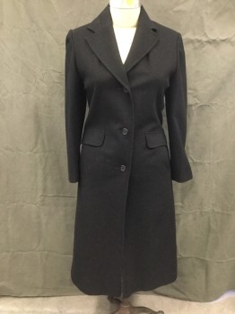 Womens, Coat, J. G. HOOK, Black, Wool, Solid, B 38, Single Breasted, Collar Attached, Notched Lapel, 3 Buttons,  2 Pockets with Faux Flaps, Long Sleeves, Button Tab Back Waist Belt