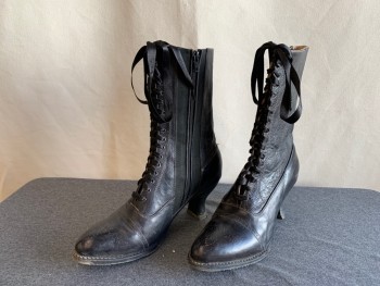 Womens, Boots 1890s-1910s, OAK TREE FARMS, Black, Leather, Solid, 9, Granny Style, Ribbon Lace Up, Cap Toe, 2" Heel, Zip Interior