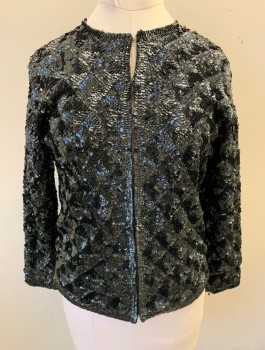 Womens, Evening Jacket, N/L, Iridescent Black, Sequins, Solid, B:38", L/S,  Open Front with Hook & Eye Closures, Black Acetate Lining