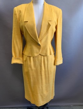 CHRISTIAN DIOR, Sunflower Yellow, Linen, Solid, Single Breasted, Unusual Shawl/Notch Lapel Hybrid, 1 Oval Shaped Gold Button, Heavily Padded Shoulders, Fitted Waist, Cuffed Wrists, High End, Late 1980's/Early 1990's