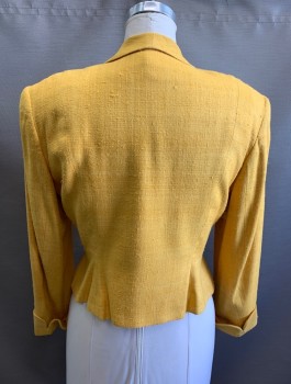 CHRISTIAN DIOR, Sunflower Yellow, Linen, Solid, Single Breasted, Unusual Shawl/Notch Lapel Hybrid, 1 Oval Shaped Gold Button, Heavily Padded Shoulders, Fitted Waist, Cuffed Wrists, High End, Late 1980's/Early 1990's