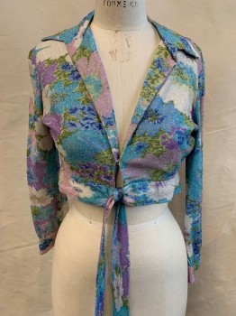 N/L, Baby Blue, Lt Pink, Lavender Purple, White, Metallic, Polyester, Floral, Knit with Silver Metallic Specks Woven In, Long Sleeves, Cropped Bolero Style, Collar Attached, Self Ties at Waist,