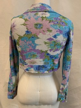 Womens, Jacket, N/L, Baby Blue, Lt Pink, Lavender Purple, White, Metallic, Polyester, Floral, B:36, Knit with Silver Metallic Specks Woven In, Long Sleeves, Cropped Bolero Style, Collar Attached, Self Ties at Waist,