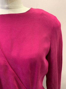 MAGGY LONDON, Magenta Pink, Polyester, Solid, Round Neck, L/S, Matte Gold Brooch at Left of Waist, Zip Back,