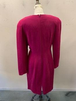 Womens, Dress, MAGGY LONDON, Magenta Pink, Polyester, Solid, 8, Round Neck, L/S, Matte Gold Brooch at Left of Waist, Zip Back,
