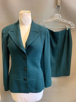 CHANEL, Dk Teal, Wool, Nylon, Solid, Single Breasted, 1 Button, Peaked Lapel, Texture Weave