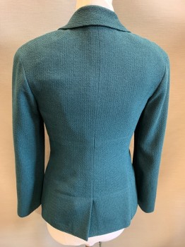 CHANEL, Dk Teal, Wool, Nylon, Solid, Single Breasted, 1 Button, Peaked Lapel, Texture Weave