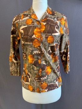Womens, Blouse, NEW TORON, Dk Brown, Tobacco Brown, Olive Green, Blush Pink, Poly/Cotton, B: 34, Jar, Vases, & Sail Boat Pattern, Collar Attached, Button Front, 3/4 Sleeve
